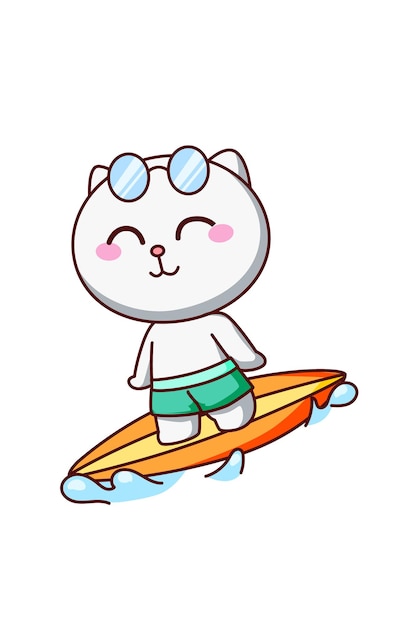 Śliczny kot surfujący w morzu w letniej ilustracji kreskówki cartoon
