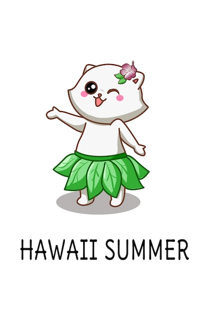 Śliczny Kot Szczęśliwy Na Hawajach W Letniej Ilustracji Kreskówki