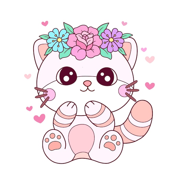 Plik wektorowy Śliczny kotek kot w kwiatowej koronie ilustracja kreskówka