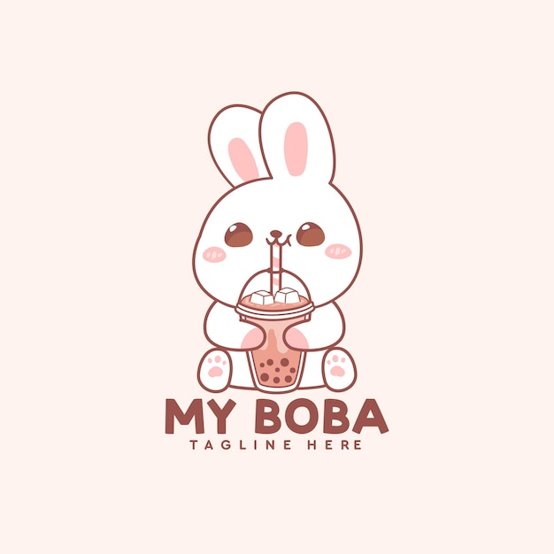 Śliczny Króliczek Pije Herbatę Mleczną Boba Ręcznie Rysowane Logo Kawaii