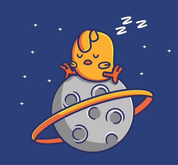 Śliczny kurczak śpi na planecie Saturn z pięknym pierścieniemAnimal kreskówka na białym tle płaski styl