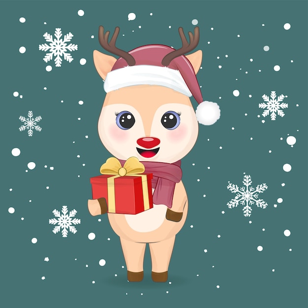 Śliczny mały jeleń i pudełko na prezent świąteczny sezon ilustracja
