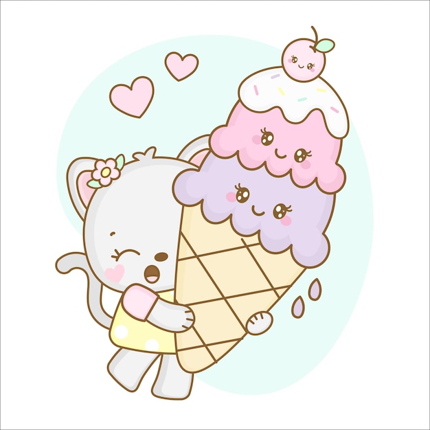 Śliczny Mały Kot Trzymający Lody Kolorową Ilustrację Kawaii