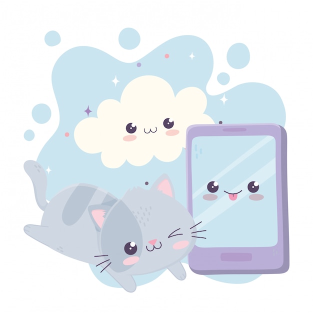 Śliczny Mały Kot Z Smartphone Chmury Kawaii Postać Z Kreskówki
