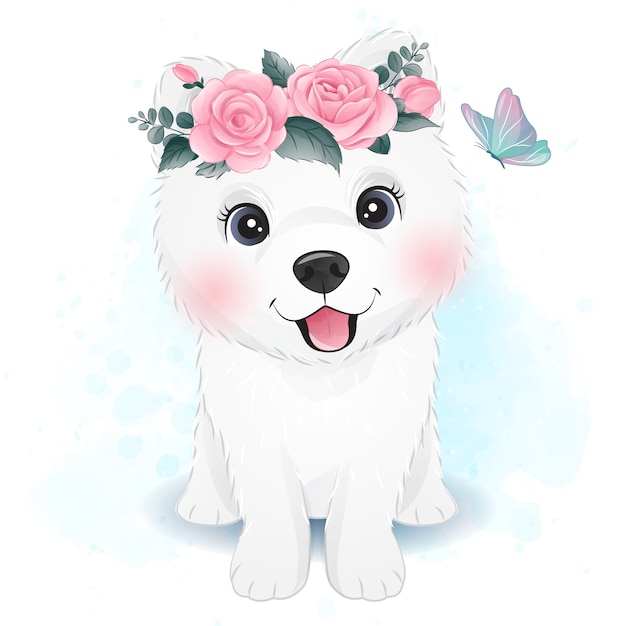 Śliczny Mały Samoyed Z Kwiecistą Ilustracją