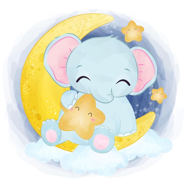 Plik wektorowy Śliczny mały słoń bawi się księżycem i gwiazdami ilustracji