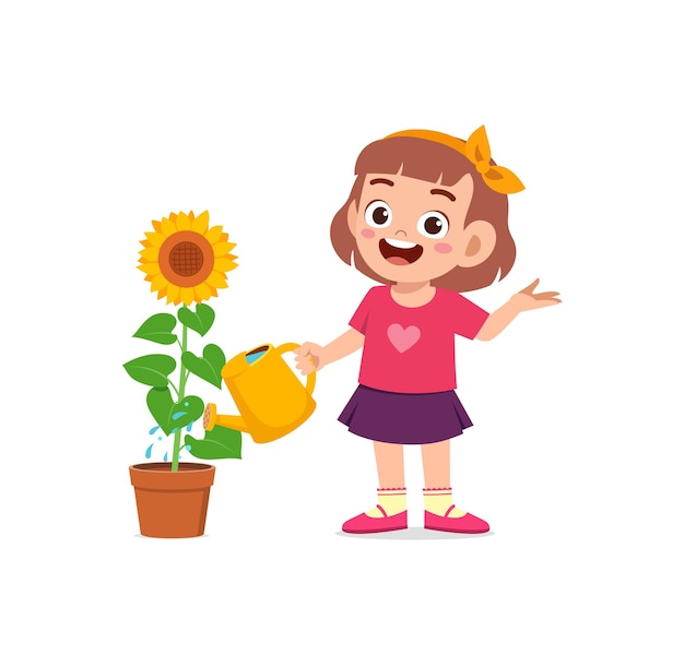 Śliczny Mały Stojak Na Dziewczynkę I Podlewanie Kwiatu Słońca