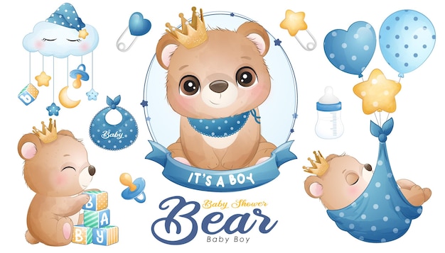 Śliczny miś baby shower z zestawem ilustracji akwareli