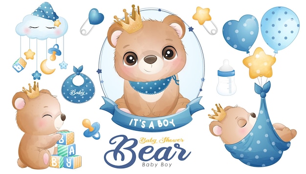 Śliczny Miś Baby Shower Z Zestawem Ilustracji Akwareli