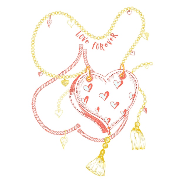 Plik wektorowy Śliczny nadruk ze złotymi łańcuszkami morskim sznurkiem i ornamentami w postaci liści i serc do projektowania i nadruku na tekstyliach koszulki bluzy bluzy