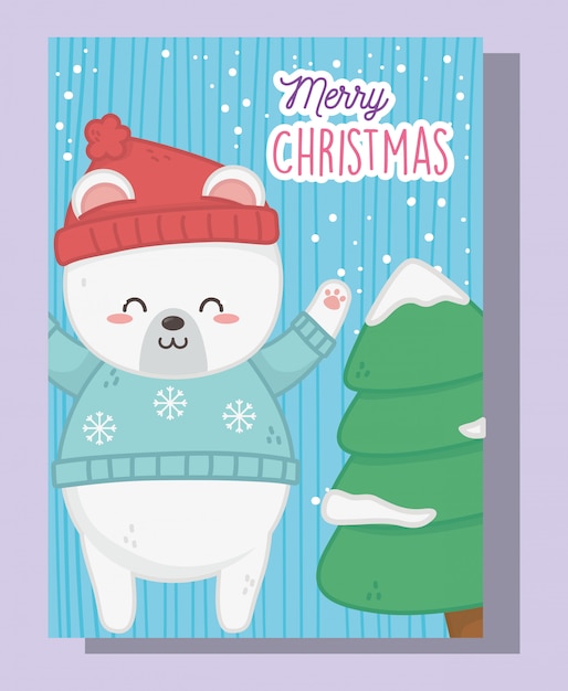Śliczny Niedźwiedź Polarny I Drzewo Z śnieżnymi Wesoło Bożymi Narodzeniami