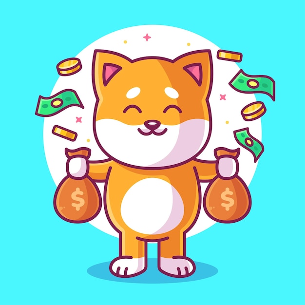 Śliczny pies shiba inu trzymający ilustrację worków na pieniądze Zwierzęta lub finanse Logo Vector Icon Illustration