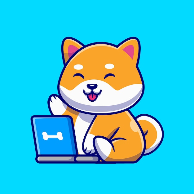 Śliczny Pies Shiba Inu Z Laptopa Ikona Ilustracja Kreskówka.