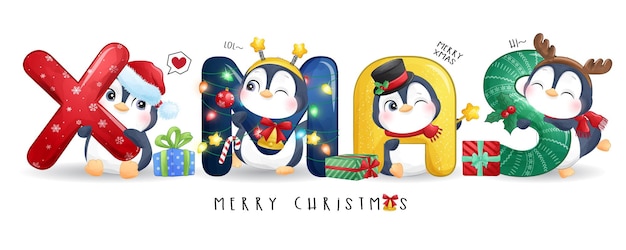 Śliczny Pingwin Doodle Na Zestaw Ilustracji Wesołych świąt