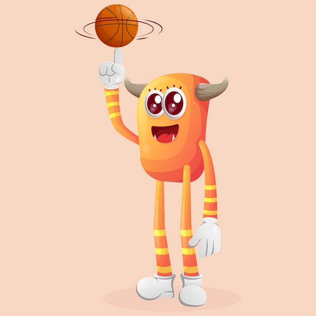 Plik wektorowy Śliczny pomarańczowy potwór grający w koszykówkę freestyle z piłką