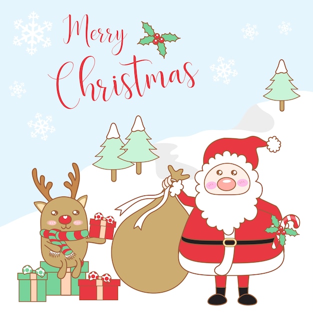 Śliczny Santa Claus i renifer z prezentami na Bożych Narodzeniach