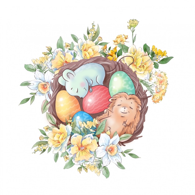 Plik wektorowy Śliczny skład kreskówka jeż i mysz w gnieździe z pisanki i delikatne róże