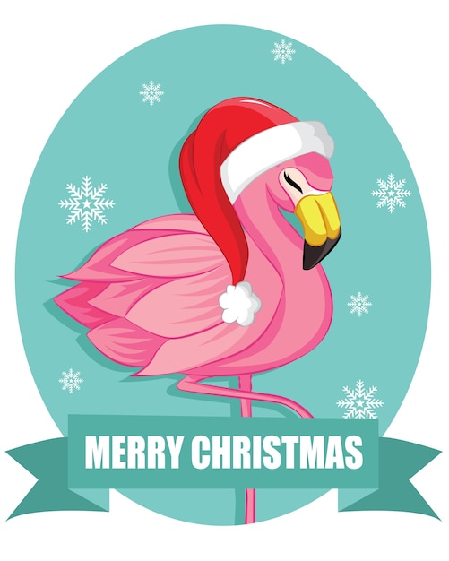 Śliczny Sleepy Flamingo z Santa Hat. Powitanie Bożego Narodzenia.