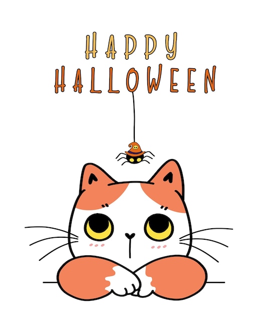 Śliczny śmieszny Kot Z Czarownicą Pająk Happy Halloween Kostium Kreskówka Doodle Zarys Płaski Wektor