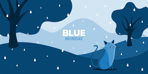 Śliczny Smutny Kot Na Krajobrazie Blue Monday