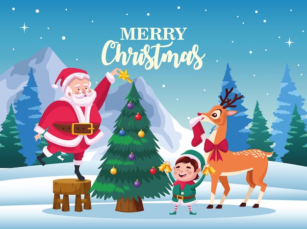 Śliczny święty Mikołaj Z Elfem I Jeleniem Dekorującym Ilustrację Choinki