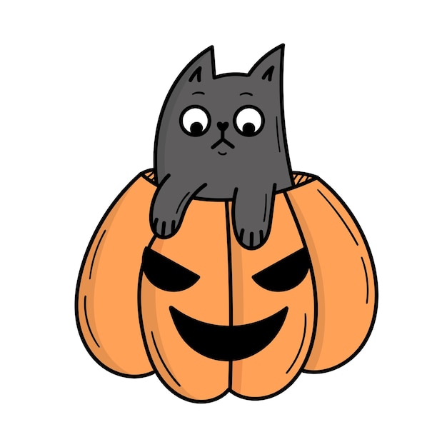 Śliczny Szary Kot Siedzi W Dyni Na Halloween. Ilustracja W Stylu Doodle