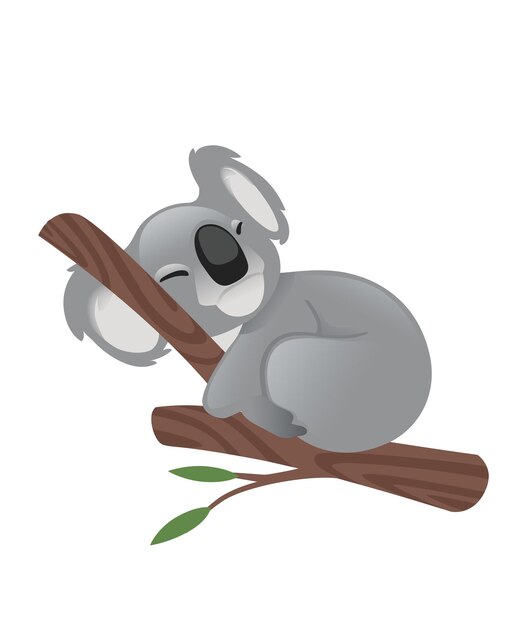 Śliczny szary miś koala siedzi na gałęzi drewna z zielonymi liśćmi kreskówka zwierzę projekt płaski wektor ilustracja na białym tle