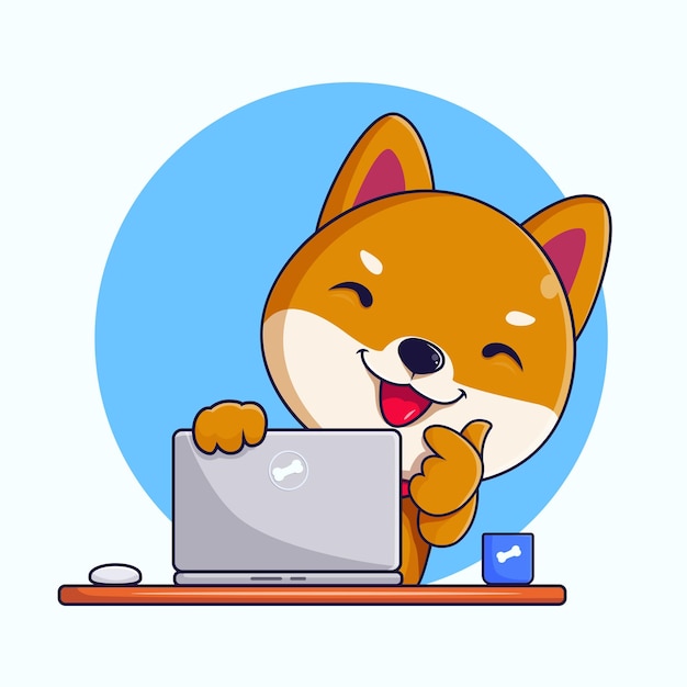 Śliczny szczęśliwy pies shiba inu pracujący na laptopie