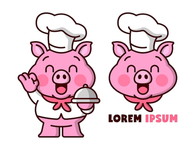 Śliczny Tłuszczowy Chef świński Uśmiech Podczas Kartonowego Logo Z żywnością