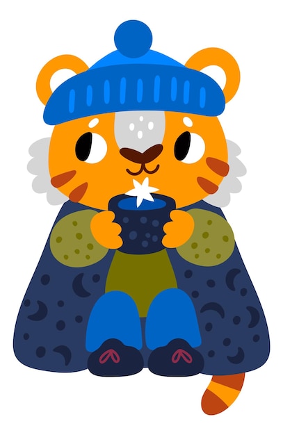 Śliczny Tygrys W Ciepłych Ubraniach Z Filiżanką Gorącej Kawy. Zimowy Symbol Zimna Na Białym Tle