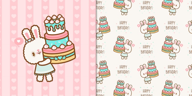 Śliczny urodzinowy królik kawaii z wzorem