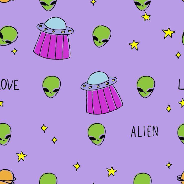 Śliczny wzór z gwiazdami kosmici ufo w kosmosie Fioletowy papier do scrapbookingu doodle kosmos