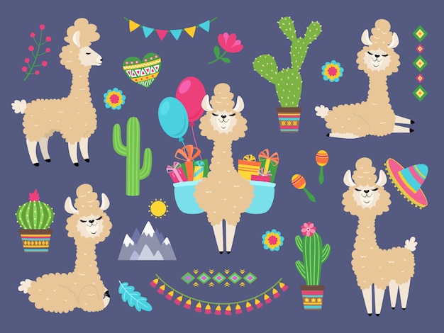 Plik wektorowy słodka alpaka. śmieszne kreskówki lamy, peru lamy i kaktusy kwiaty. postacie dzikich zwierząt alpaki