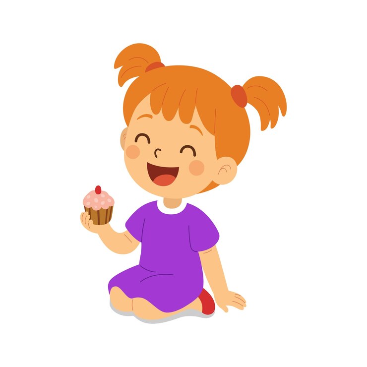 Wektor słodka blondynka z pigtails w pomarańczowej sukience siedzi szczęśliwie z cupcake na białym tle