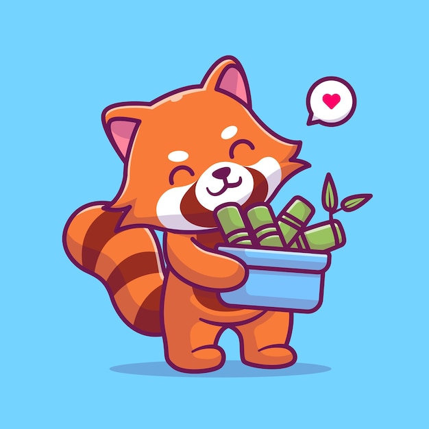 Słodka Czerwona Panda Przynieś Bambus W Wiadrze Kreskówka Wektor Ikona Ilustracja Zwierzę Natura Ikona Na Białym Tle