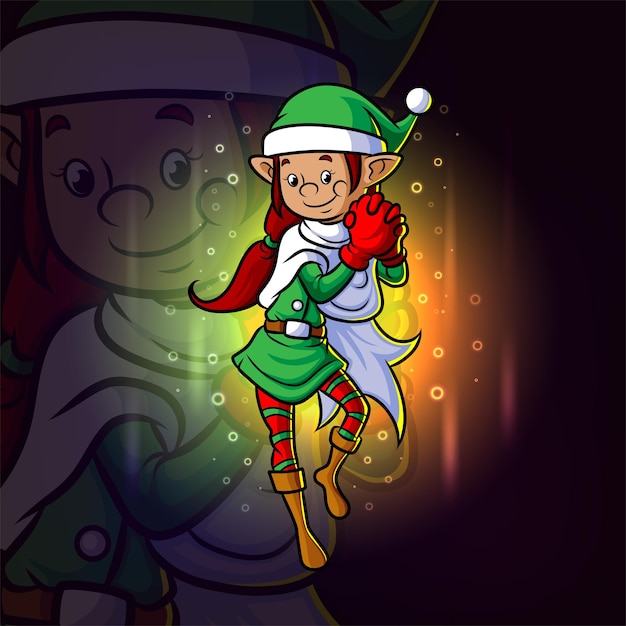 Plik wektorowy słodka dziewczyna elf z projektem maskotki e-sportu świętego mikołaja z ilustracji