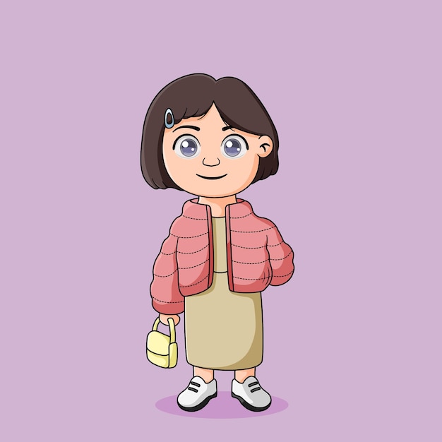 Plik wektorowy słodka dziewczyna stojąca i niosąca małą torbę w ręku ilustracja