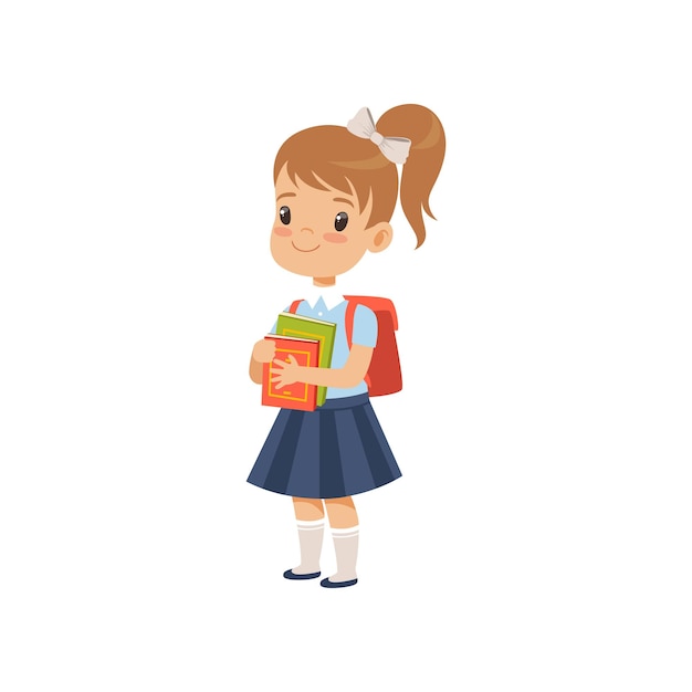 Plik wektorowy słodka dziewczyna z plecakiem trzymająca książki uczeń w mundurze szkolnym studiuje w szkole wektor ilustracja izolowana na białym tle