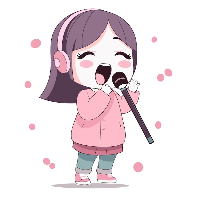 Plik wektorowy słodka dziewczynka śpiewa karaoke z mikrofonem.