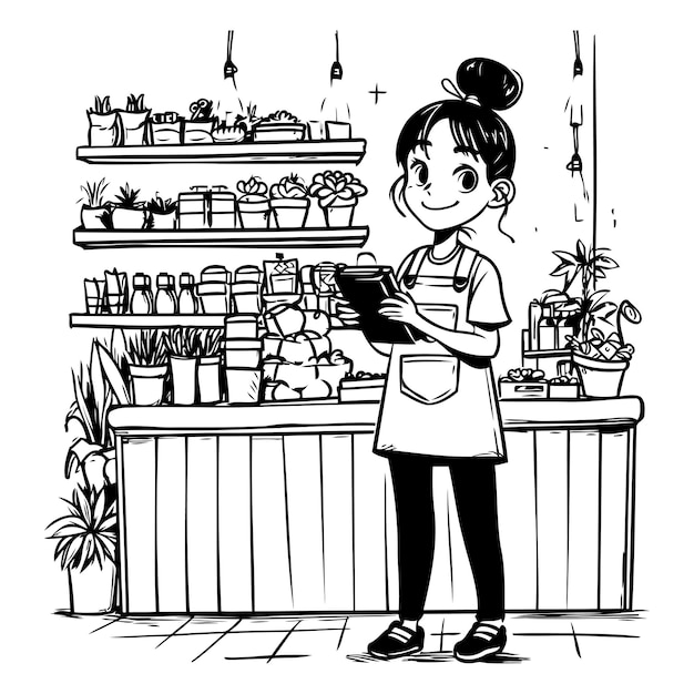 Plik wektorowy słodka dziewczynka w sklepie z kwiatami czarno-biała ilustracja wektorowa