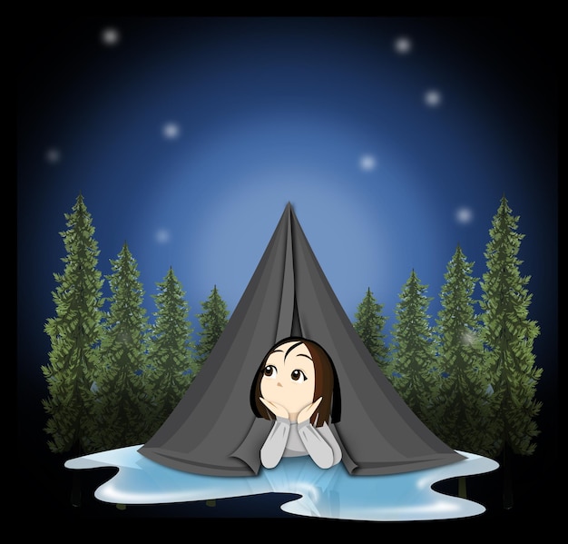 Plik wektorowy słodka dziewczynka w szarym namiocie z wodą pod spodem pokazująca swoje odbicie przez noc