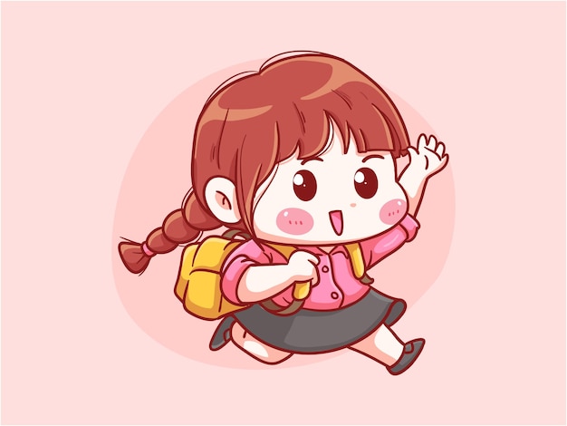 Plik wektorowy słodka i kawaii biegająca dziewczyna idzie do szkoły z plecakiem manga chibi
