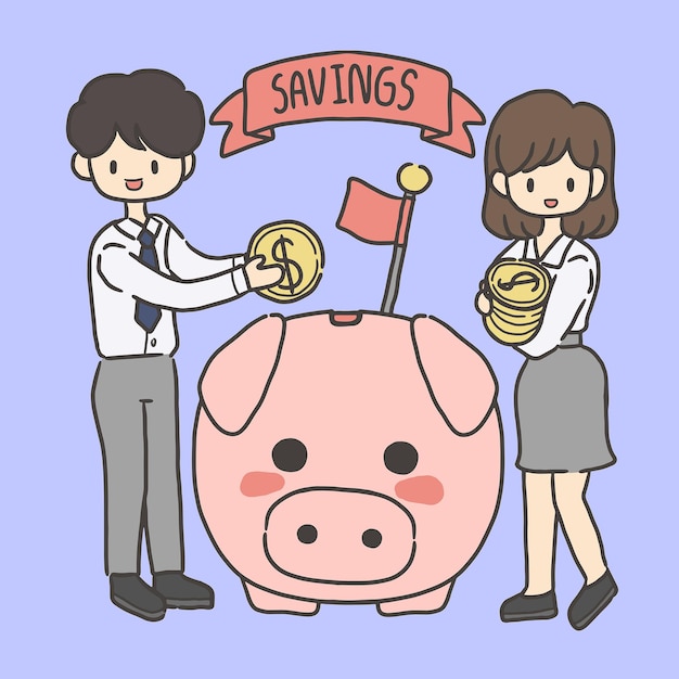 Plik wektorowy słodka ilustracja wektorowa mężczyzny i kobiety oszczędzających pieniądze, wkładających monety do świnki