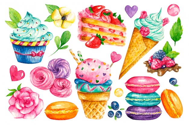 Plik wektorowy słodka kolekcja. akwarela słodycze. ilustracje ciast, ciast, ciastek, lodów, ciastek, słodyczy