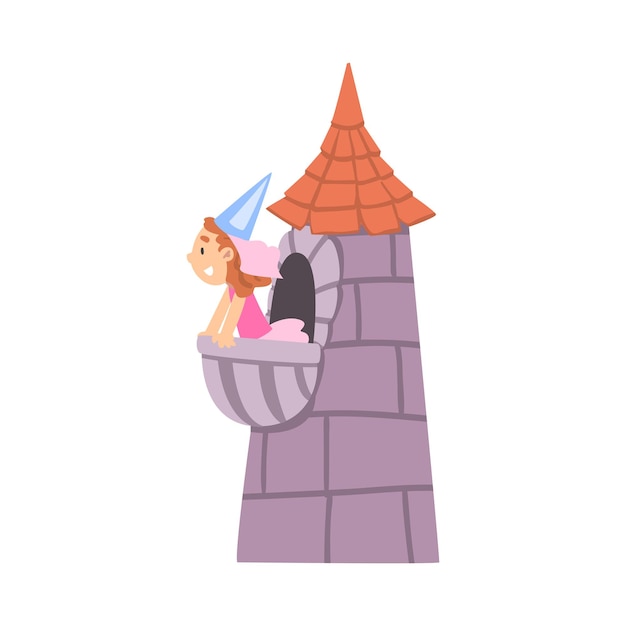 Plik wektorowy słodka księżniczka siedząca w wieży zamkowej ilustracja wektorowa w stylu kreskówki