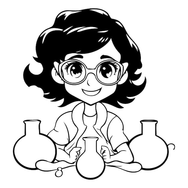 Plik wektorowy słodka mała naukowczyni w okularach z butelkami chemicznymi ilustracja wektorowa