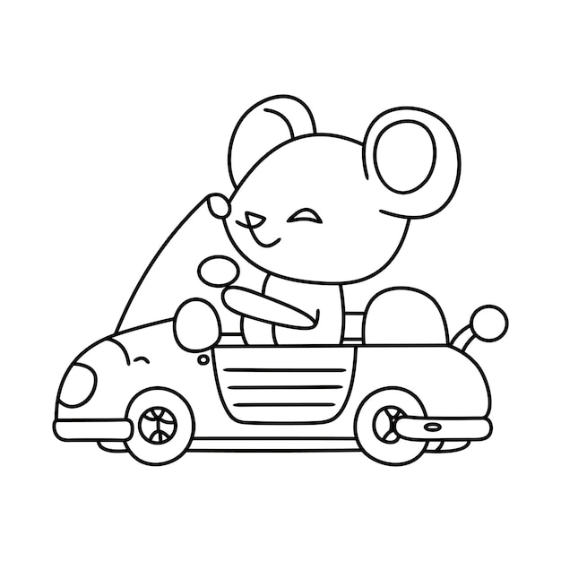 Plik wektorowy słodka mysz prowadząca samochód kreskówka wektorowa linia sztuki