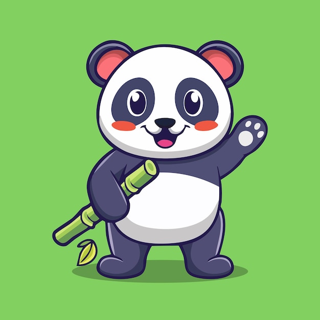 Słodka panda trzymająca bambusa i machająca "Cześć"