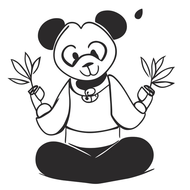 Słodka Panda Z Bambusową Ręcznie Rysowaną Ikoną Naklejki Kreskówka Koncepcja Izolowana Ilustracja