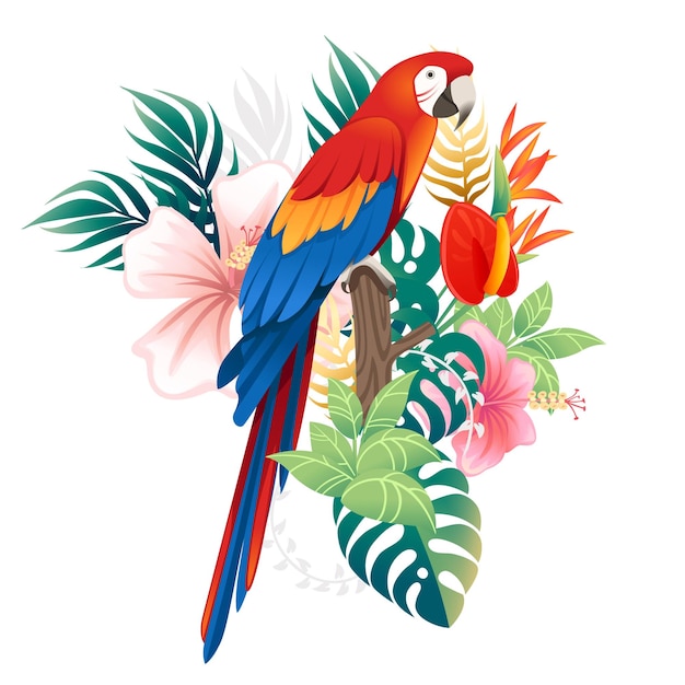 Słodka Papuga Ara Siedzi Z Zielonymi Liśćmi I Czerwoną Głową Kwiatową Kreskówka Zwierzęcy Projekt Płaski Wektor Ilustracja Na Białym Tle